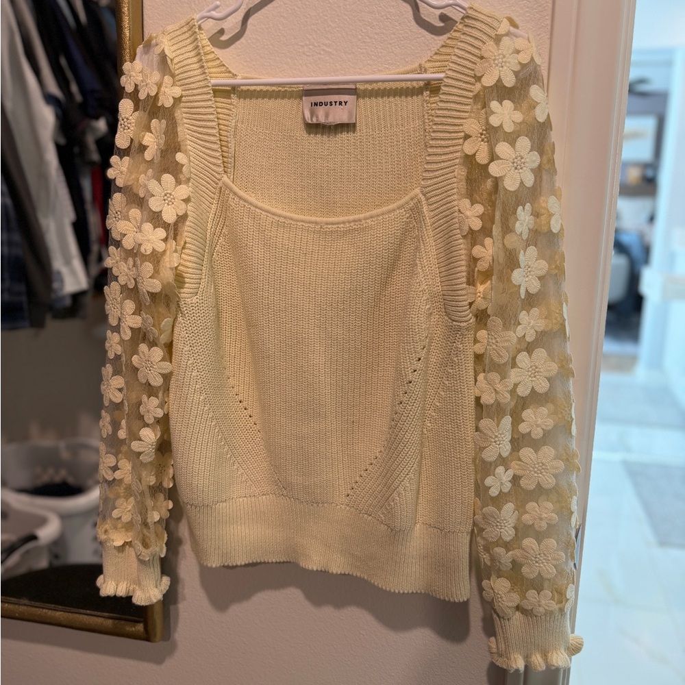 Industry Women's Cream Sweater with sheer Floral Sleeves EUC